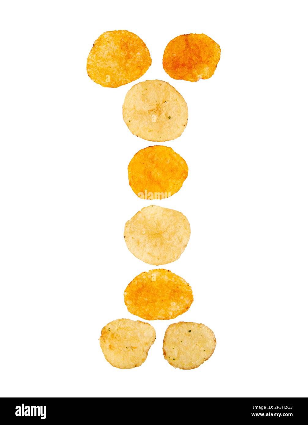 Letter I made of potato chips and isolated on white background. Food