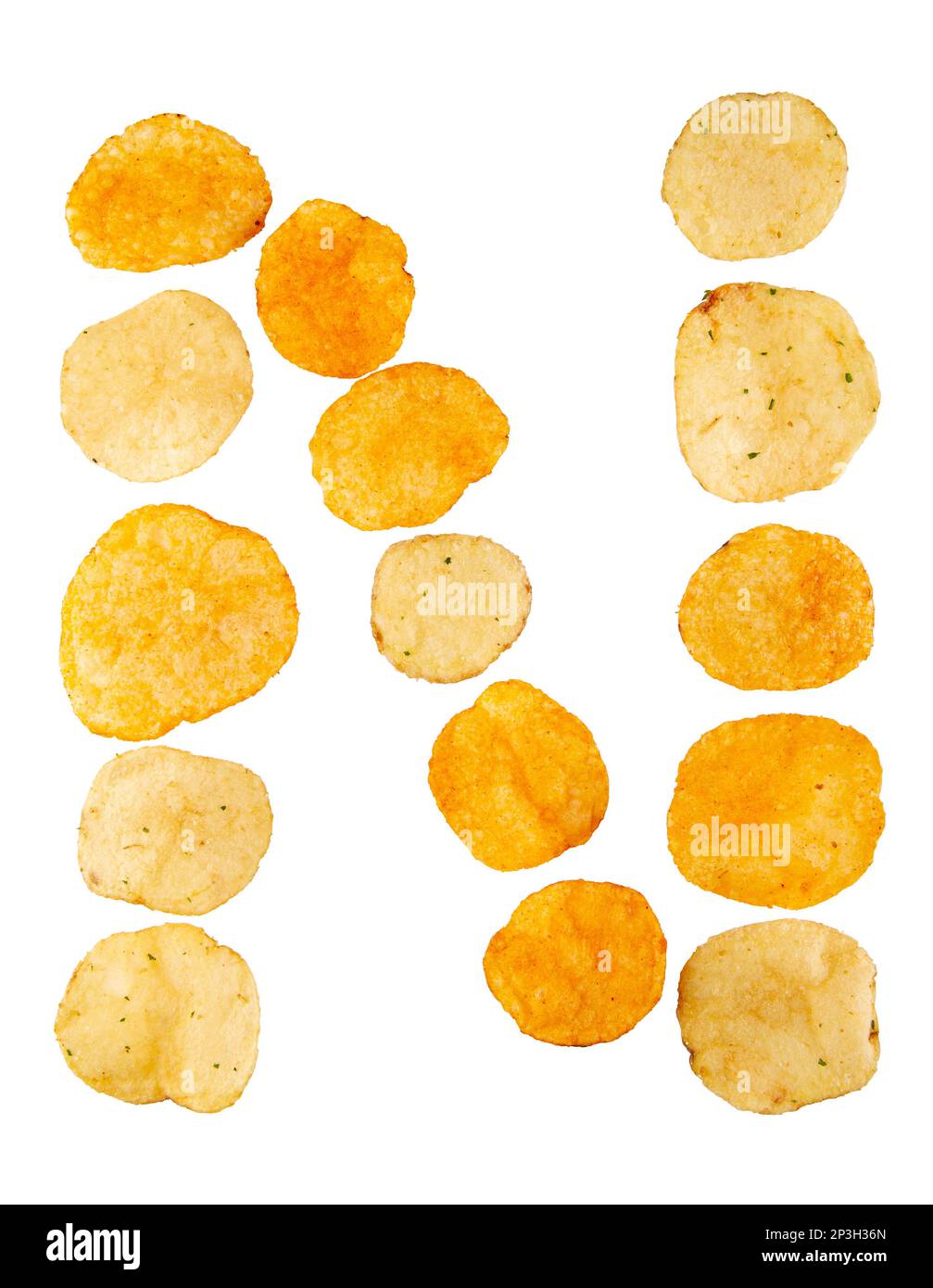 Letter N made of potato chips and isolated on white background. Food