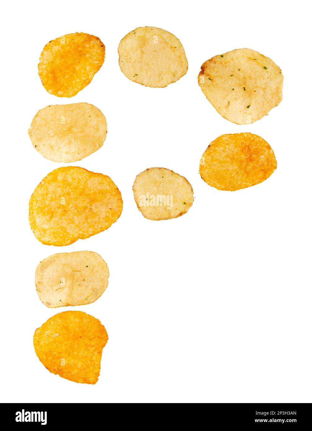 Letter P made of potato chips and isolated on white background. Food