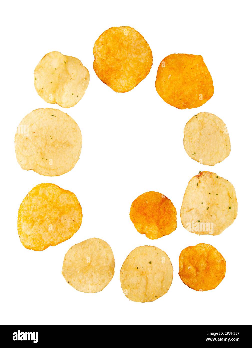 Letter Q made of potato chips and isolated on white background. Food alphabet concept. One letter of the set of potato chip font easy to stacking. Stock Photo