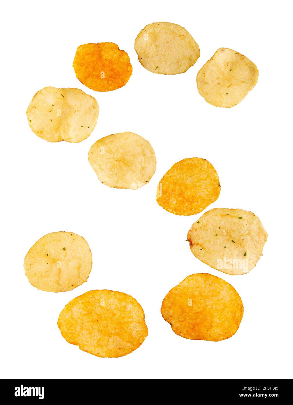 Letter S made of potato chips and isolated on white background. Food alphabet concept. One letter of the set of potato chip font easy to stacking. Stock Photo