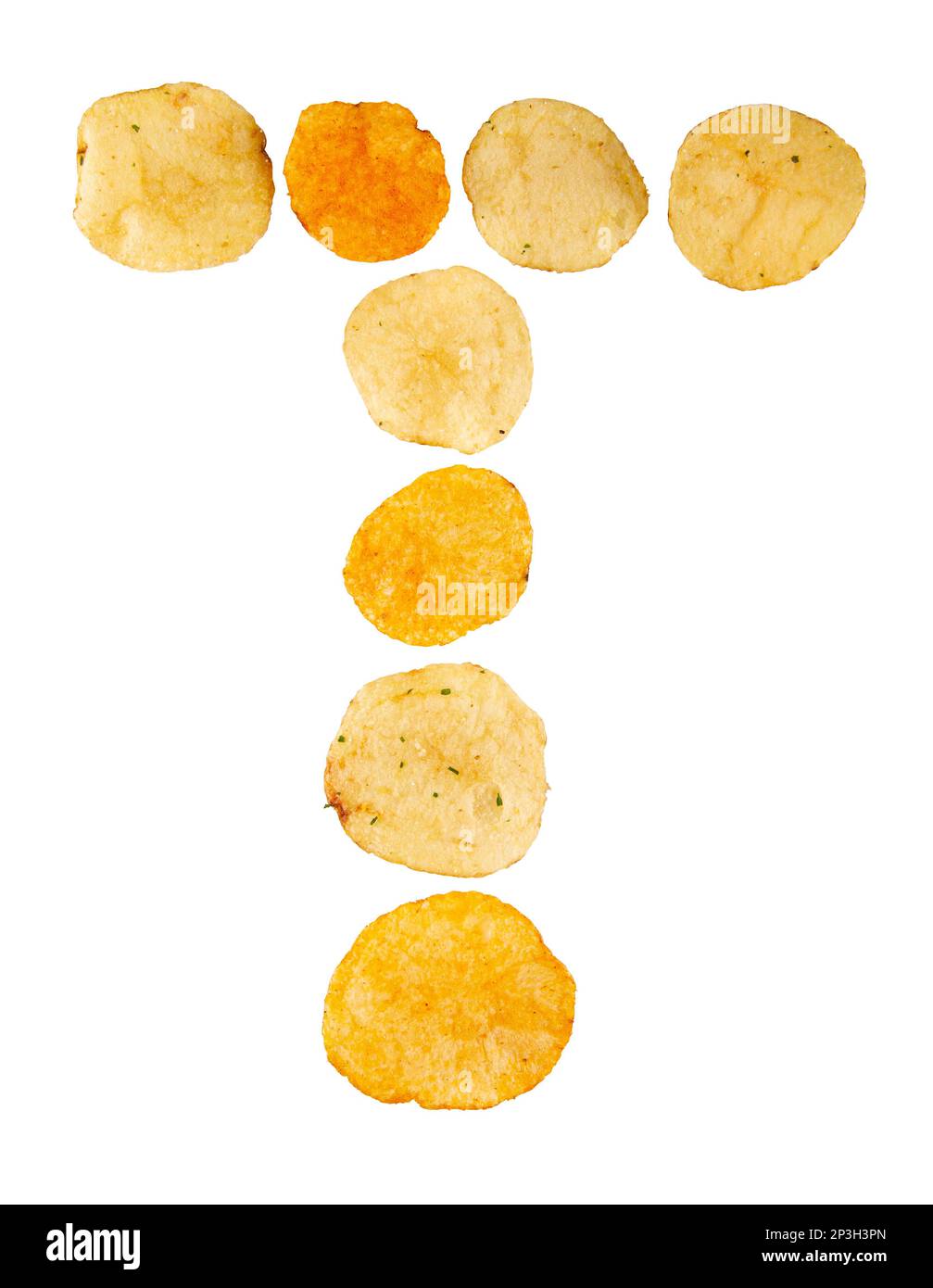 Letter T made of potato chips and isolated on white background. Food