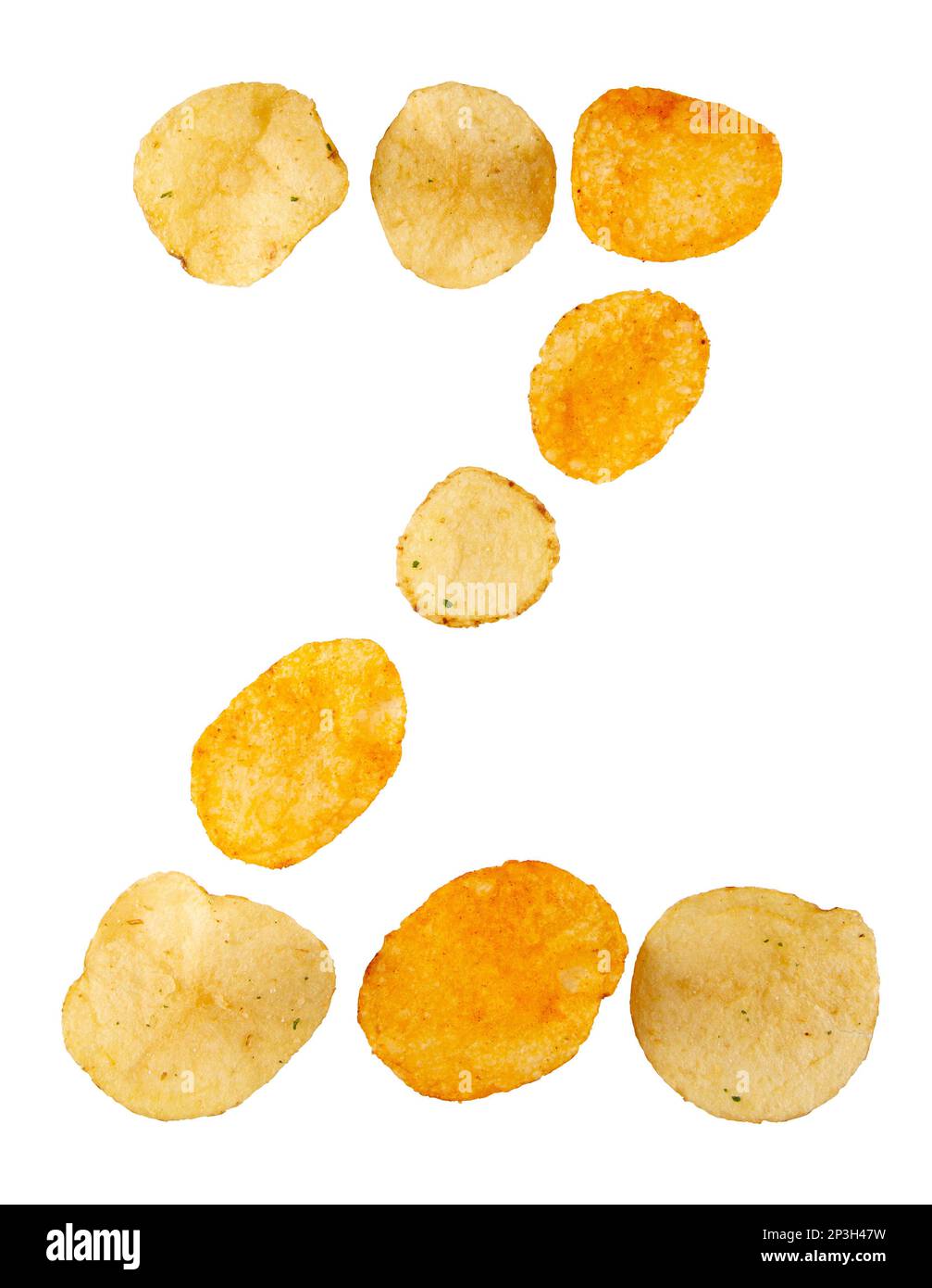 Letter Z made of potato chips and isolated on white background. Food