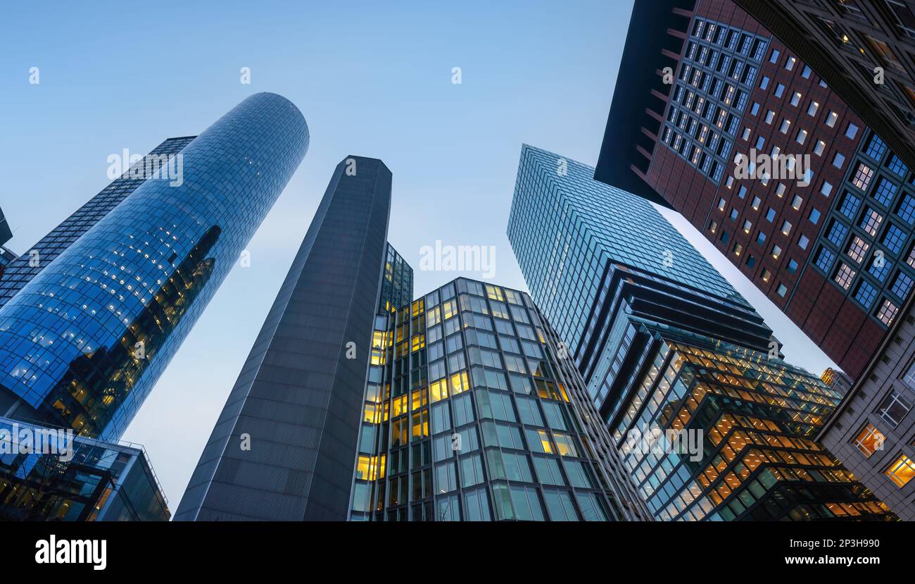 Bottom-Up view of Frankfurt Modern Buildings - Frankfurt, Germany Stock Photo