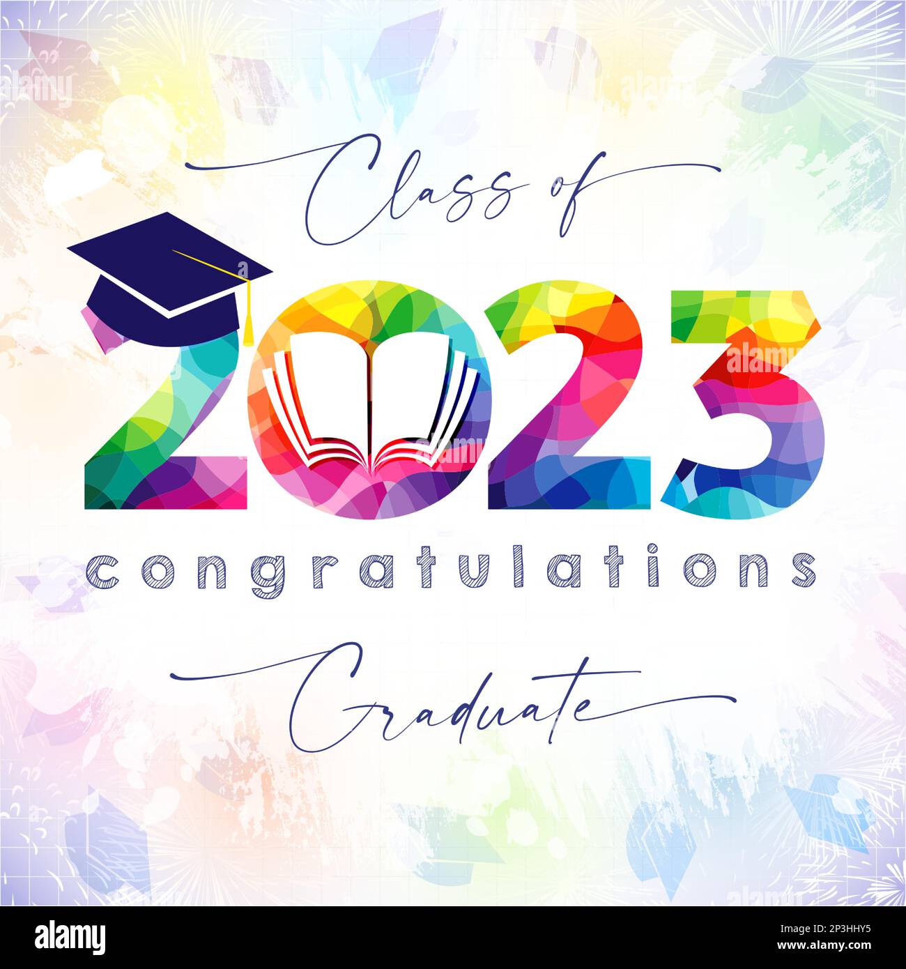 A colorful poster for class of 2023 graduation. Creative prom banner, educational background. School invitation concept. Isolated elements. Stock Vector