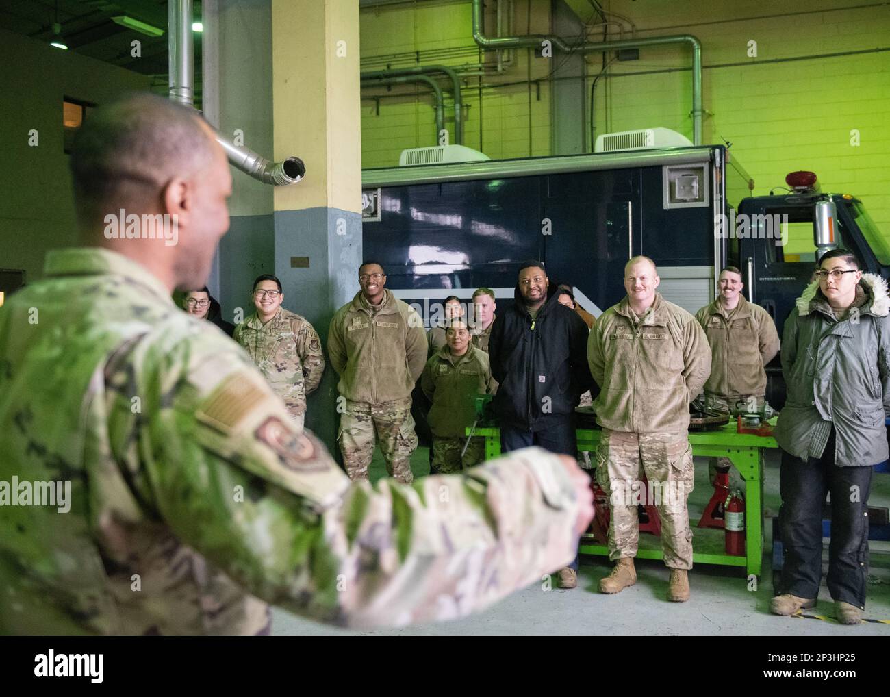 U.S. Air Force Chief Master Sgt.’s Alvin R. Dyer (left), 7th Air Force command chief, meets with Airmen from the 8th Logistics Readiness Squadron vehicle maintenance flight at Kunsan Air Base, Republic of Korea, Jan. 26, 2023. The 8th LRS VM flight keeps the 8th Fighter Wing mobile, conducting maintenance on vehicles, from electric to diesel to include emergency response vehicles. Stock Photo