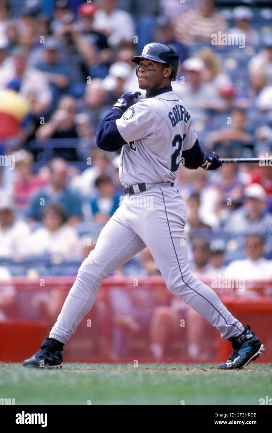Seattle Mariners Ken Griffey Jr. (24) in action during a game from the1996  season against the Milwaukee Brewers at County Stadium in Milwaukee,  Wisconsin. Ken Griffey Jr. played for 22 years with