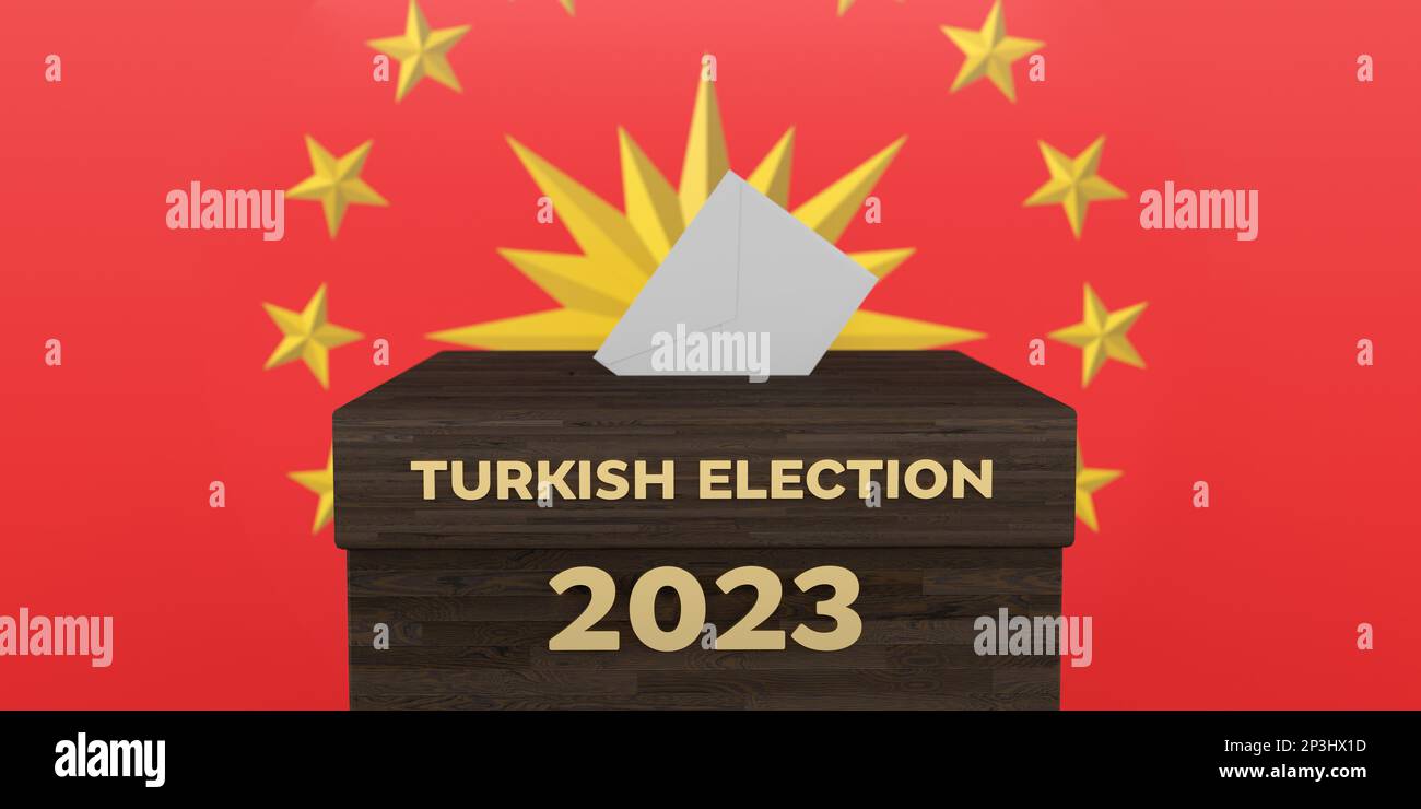General and Presidential elections in Turkey 2023 concept. White envelope in TURKISH ELECTION 2023 text ballot box on Turkish Presidential flag symbol Stock Photo
