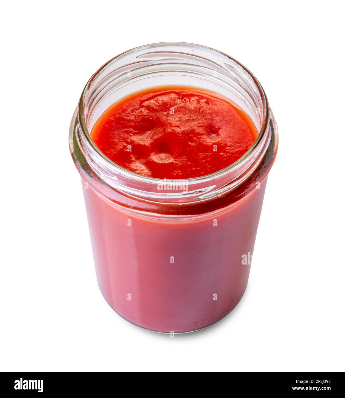 Tomato puree sauce glass jar open in top view Isolated on white