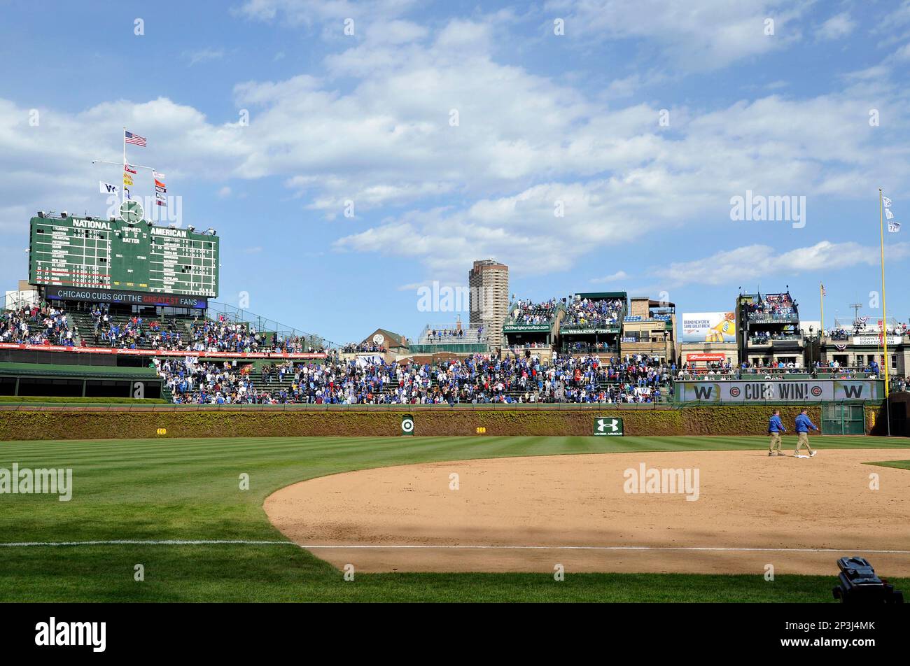 08 April 2012: A general view of the 'W' flag and the new video board  showing CUBS WIN after the Chicago Cubs defeated the Washington Nationals,  by the score of 4-3, at