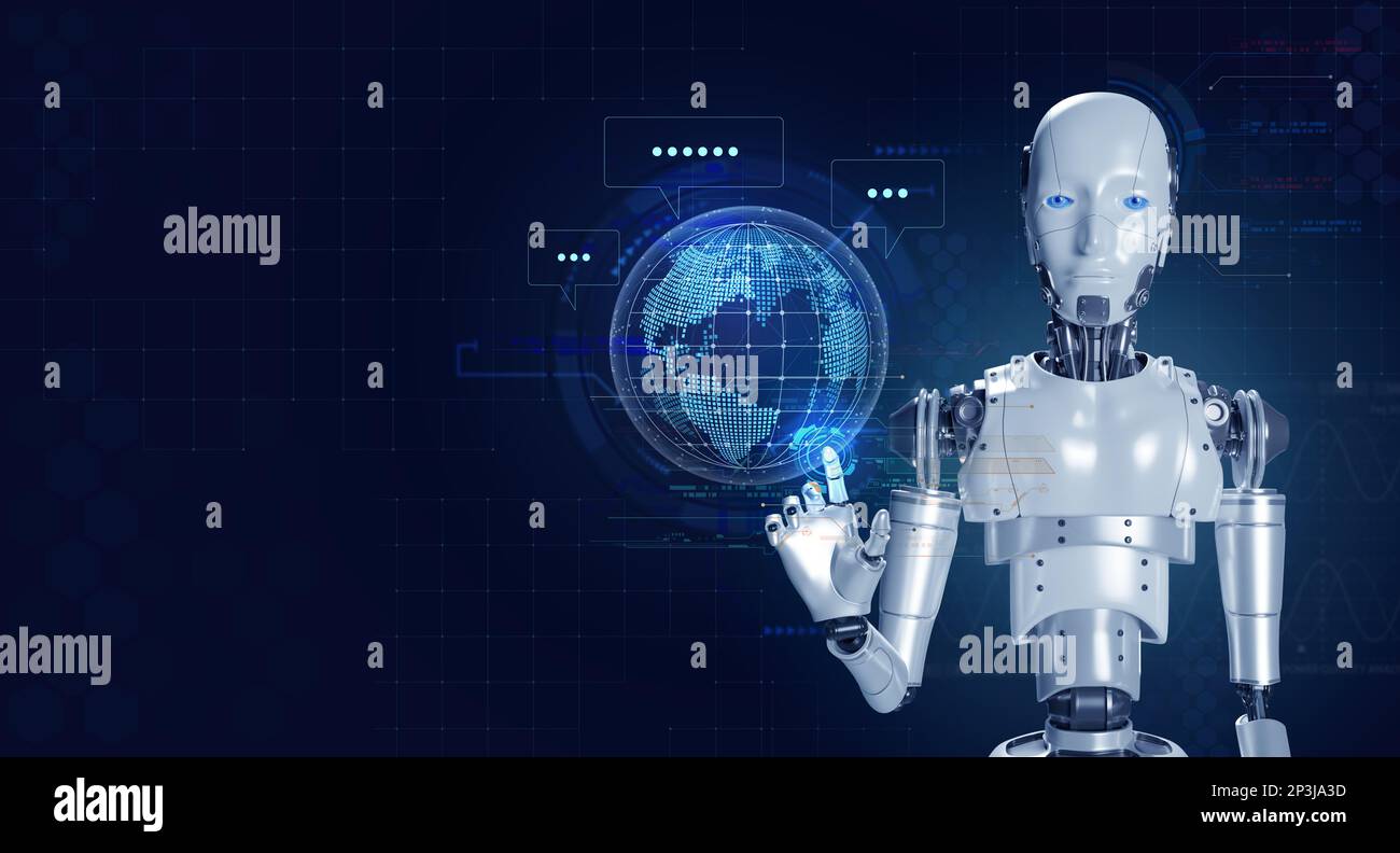 3d rendering robot pointing on virtual hologram of digital world and chat icon for online data information on blue background. Ai robotic, chatbot, ar Stock Photo