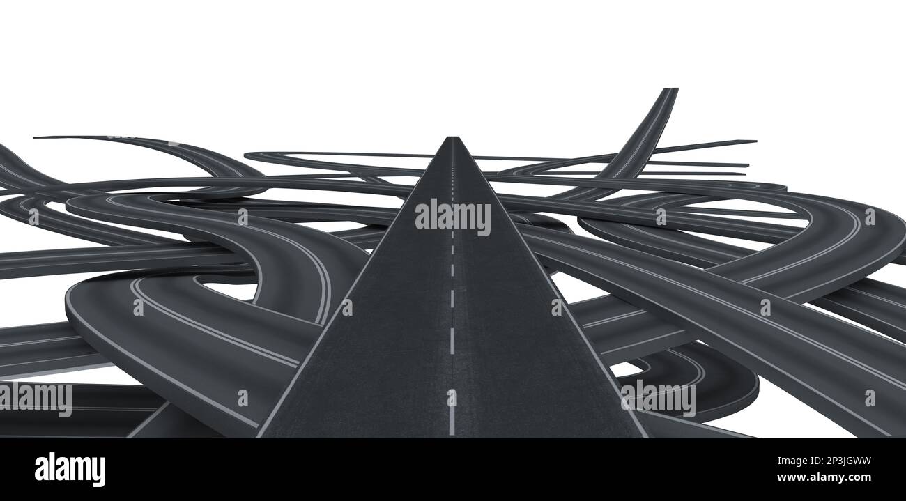 Tangled black roads. doubts about which way to go concept. 3D Rendering Stock Photo