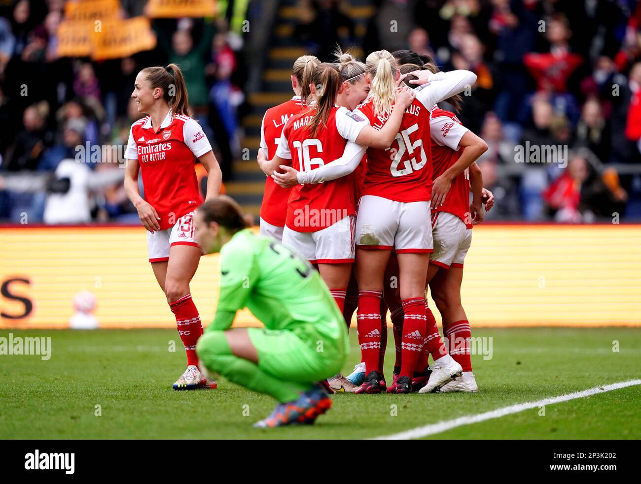 Chelsea goalkeeper Ann-Katrin Berger appears dejected as Arsenal's Kim Little celebrates scoring their side's second goal of the game from the penalty spot during The FA Women's Continental Tyres League Cup final match at Selhurst Park, London. Picture date: Sunday March 5, 2023. Stock Photo