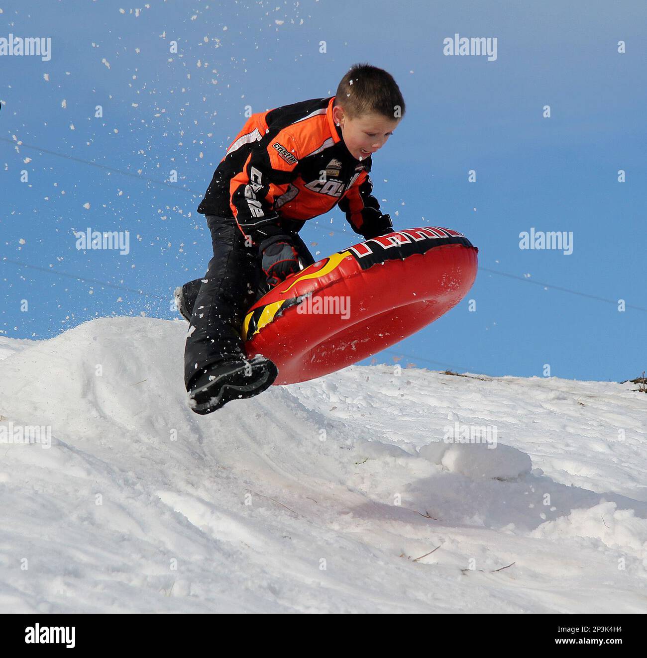 Seven year old Brayden Borek of Elk Mound Wis. goes airborne