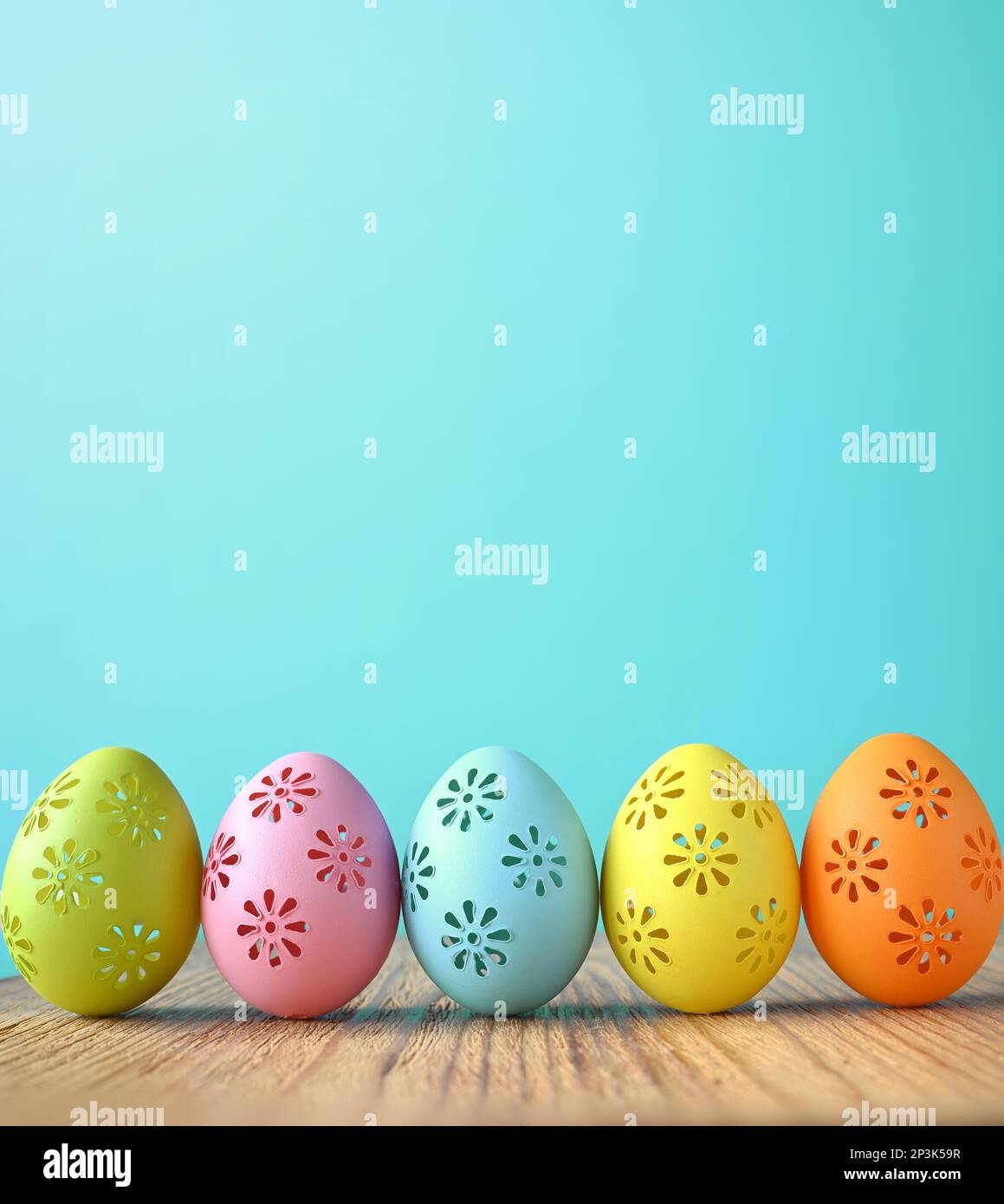 Funny easter eggs, hand drawn pattern. Easter holiday concept with cute handmade eggs on wooden surface. Stock Photo