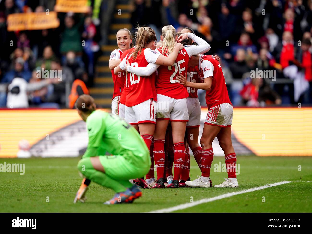Chelsea goalkeeper Ann-Katrin Berger appears dejected as Arsenal's Kim Little celebrates scoring their side's second goal of the game from the penalty spot during The FA Women's Continental Tyres League Cup final match at Selhurst Park, London. Picture date: Sunday March 5, 2023. Stock Photo