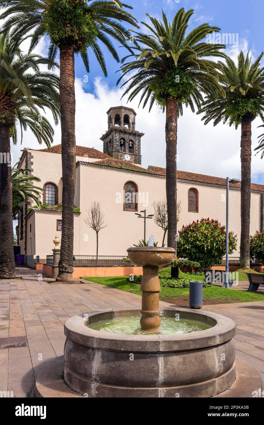 Square with water fountain at Church of the Concepcion, San Cristobal de La Laguna, Canary Islands Stock Photo