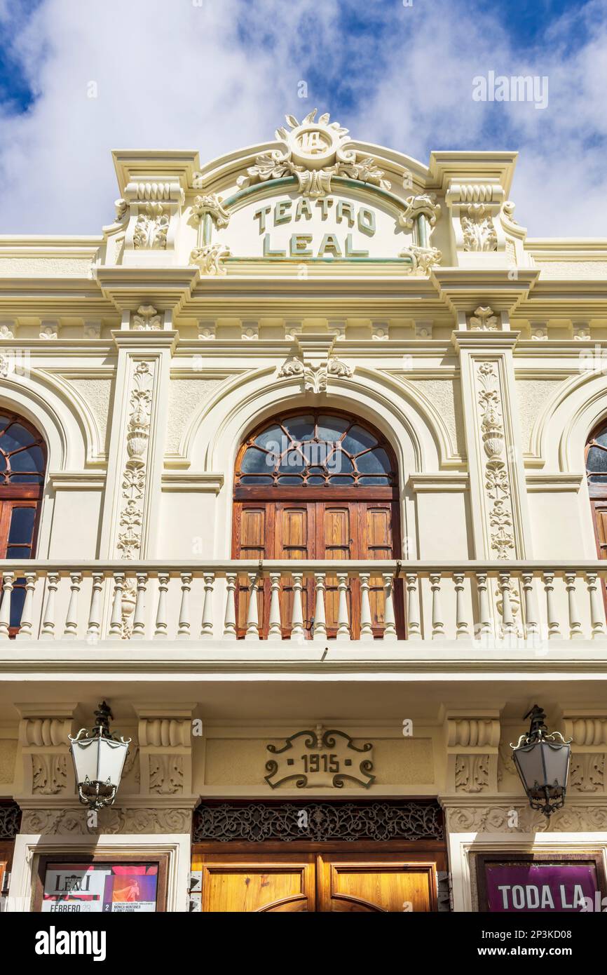 Facade of the historic building of the theater Teatro Leal in San Cristóbal de La Laguna, Tenerife. Stock Photo