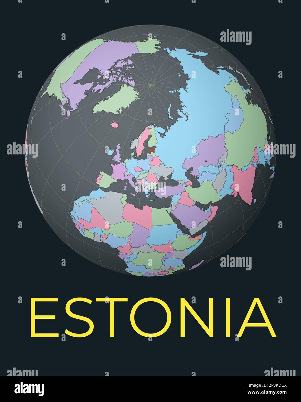 World map centered to Estonia. Red country highlighted. Satellite world view centered to country