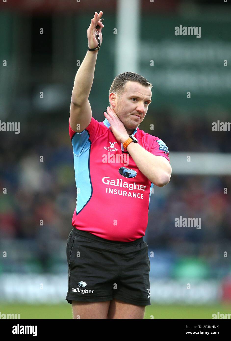 Referee Tom Foley during a stop in play in the Gallagher Premiership match at the AJ Bell Stadium, Barton-upon-Irwell. Picture date: Sunday March 5, 2023. Stock Photo