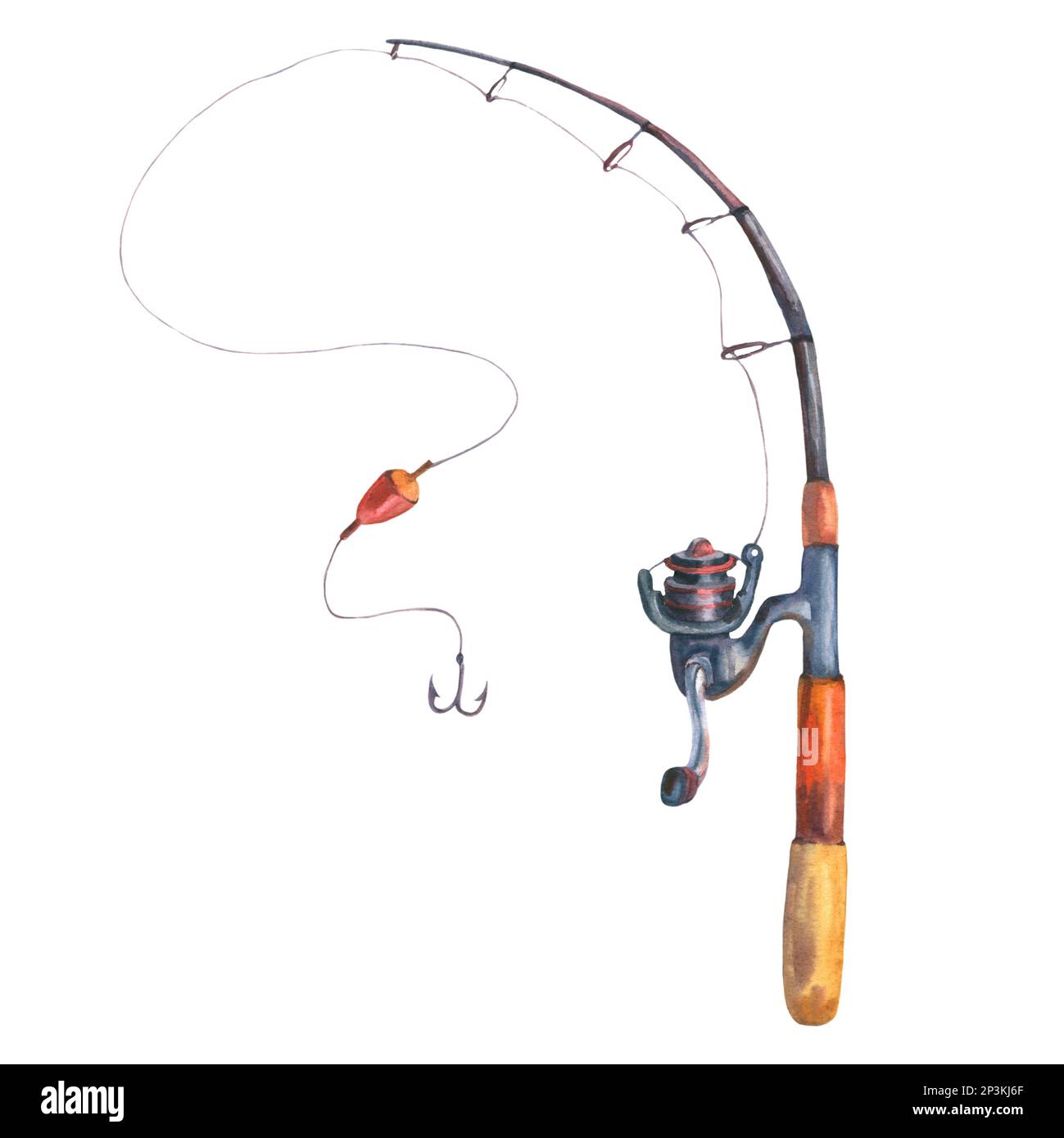 Fishing rod, watercolour illustration, grey, silver, red colours