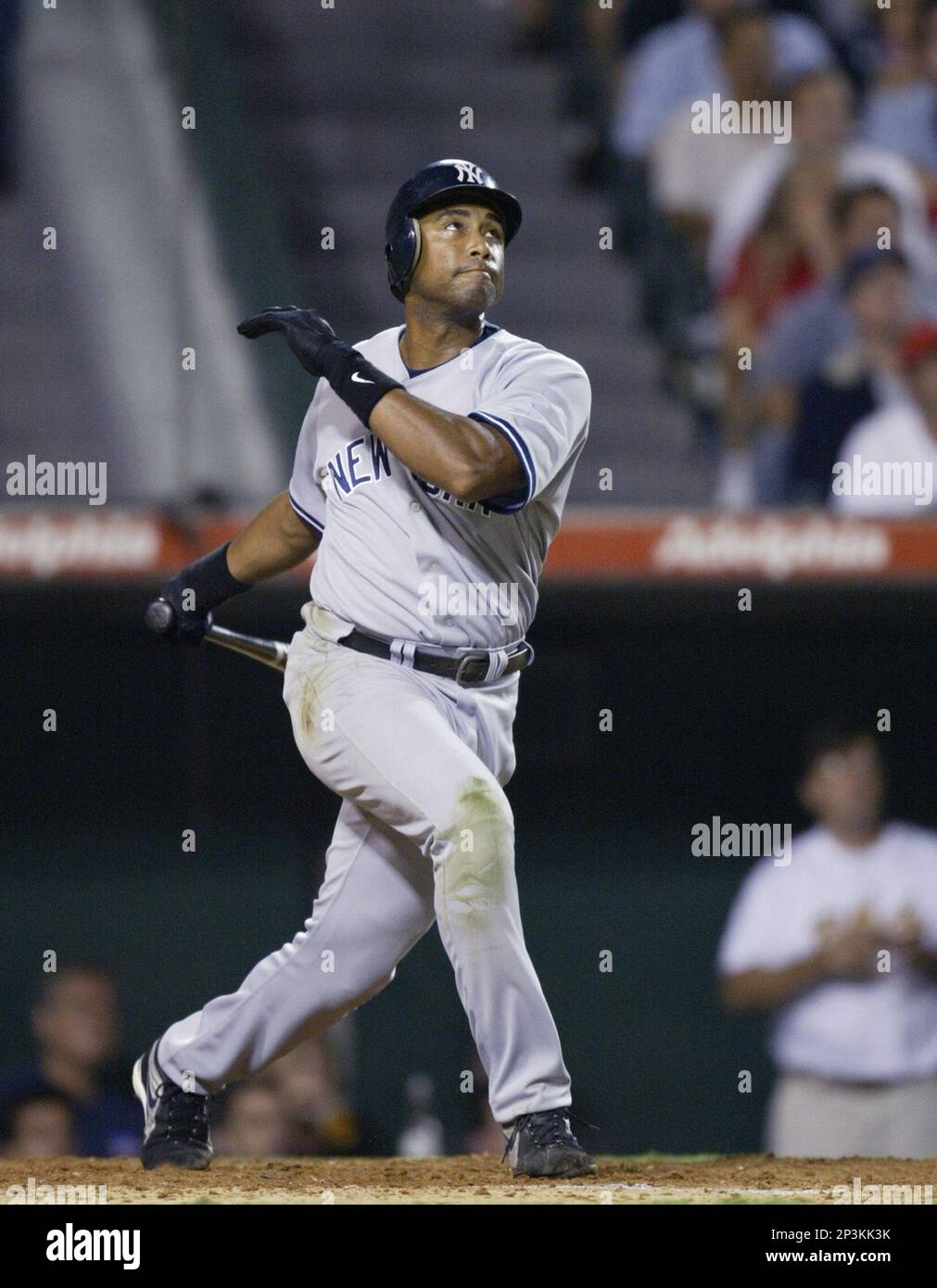 Bernie Williams of the New York Yankees bats during a 2002 MLB season game  against the Los Angeles Angels at Angel Stadium, in Anaheim, California.  (Larry Goren/Four Seam Images via AP Images