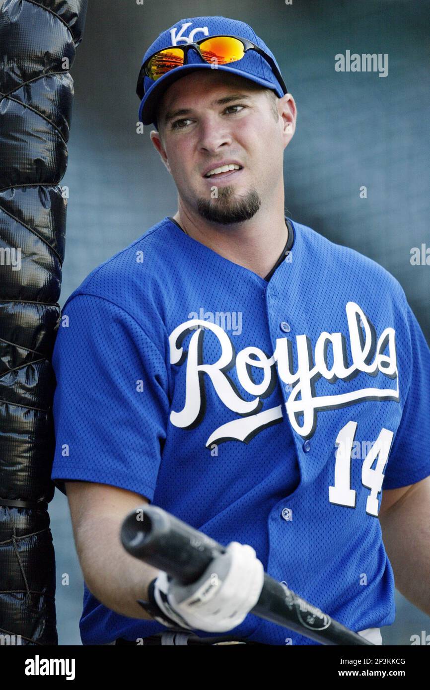 Mark Quinn of the Kansas City Royals before a 2002 MLB season game against  the Los Angeles Angels at Angel Stadium, in Anaheim, California. (Larry  Goren/Four Seam Images via AP Images Stock