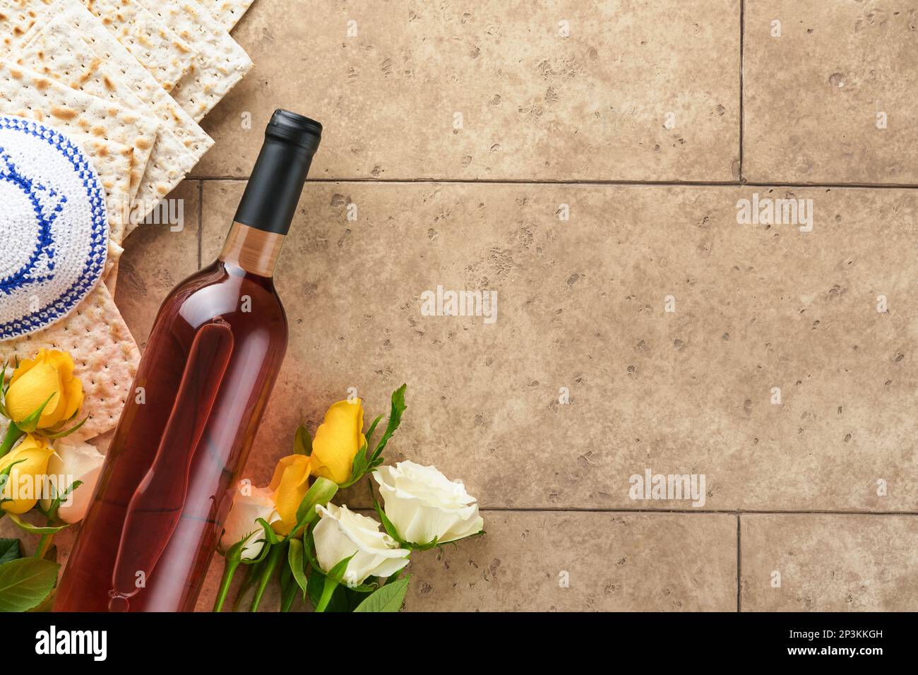 Passover celebration concept. Matzah, kosher red wine, walnut and white