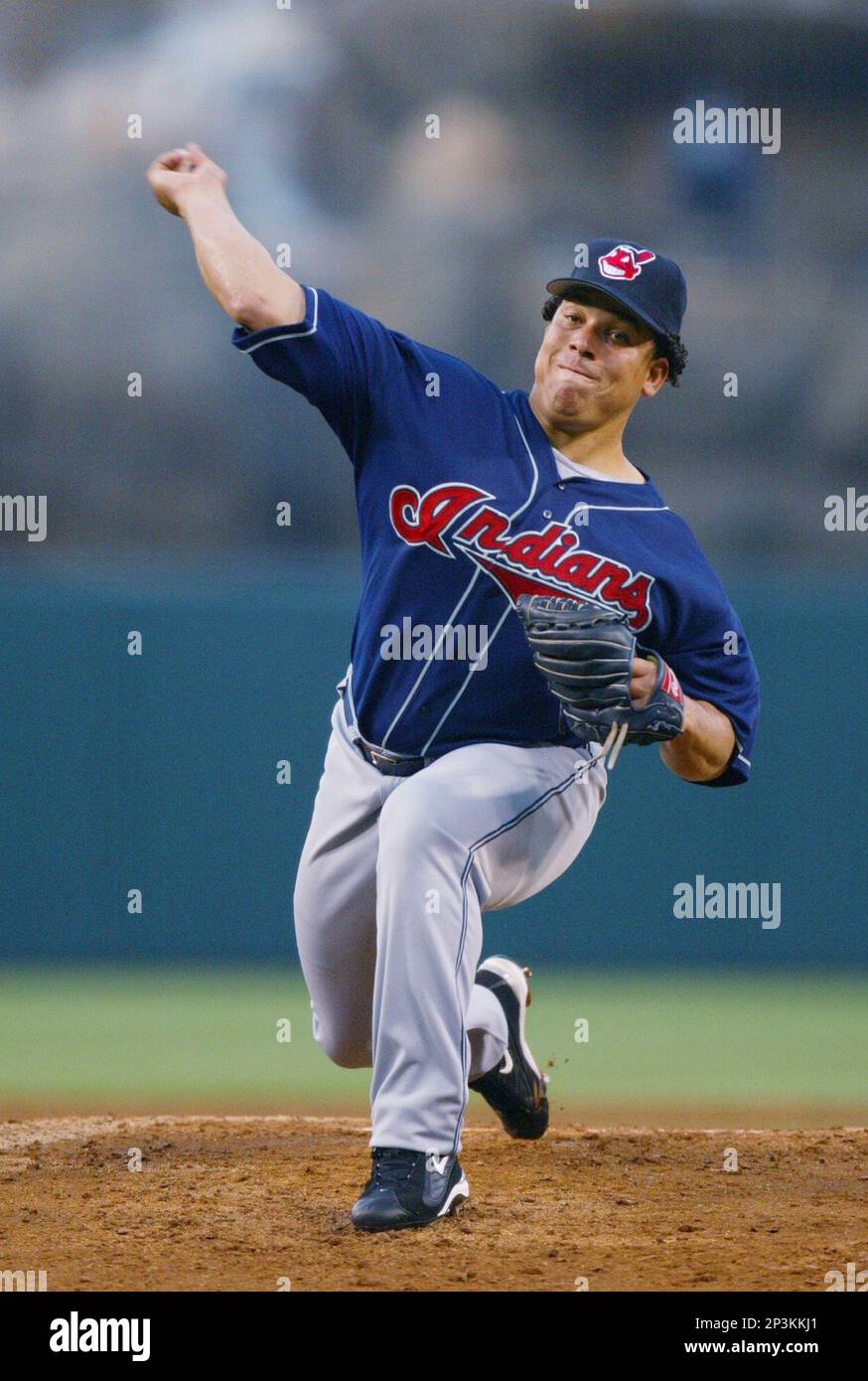 Bartolo Colon of the Cleveland Indians pitches during a 2002 MLB season  game against the Los Angeles Angels at Angel Stadium, in Los Angeles,  California. (Larry Goren/Four Seam Images via AP Images