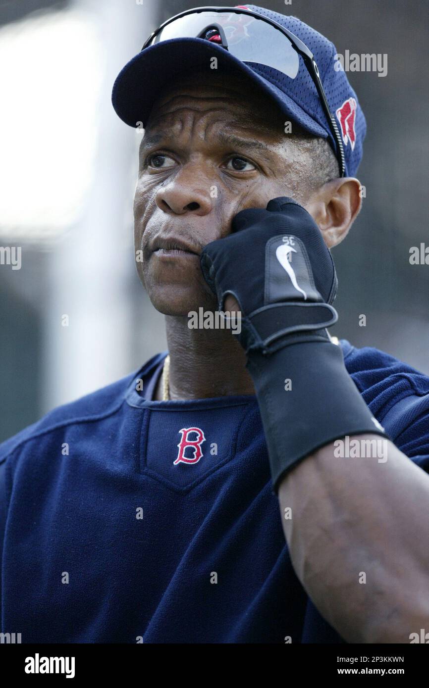 Rickey Henderson of the Boston Red Sox before a 2002 MLB season game  against the San Diego Padres at Qualcomm Stadium, in San Diego, California.  (Larry Goren/Four Seam Images via AP Images