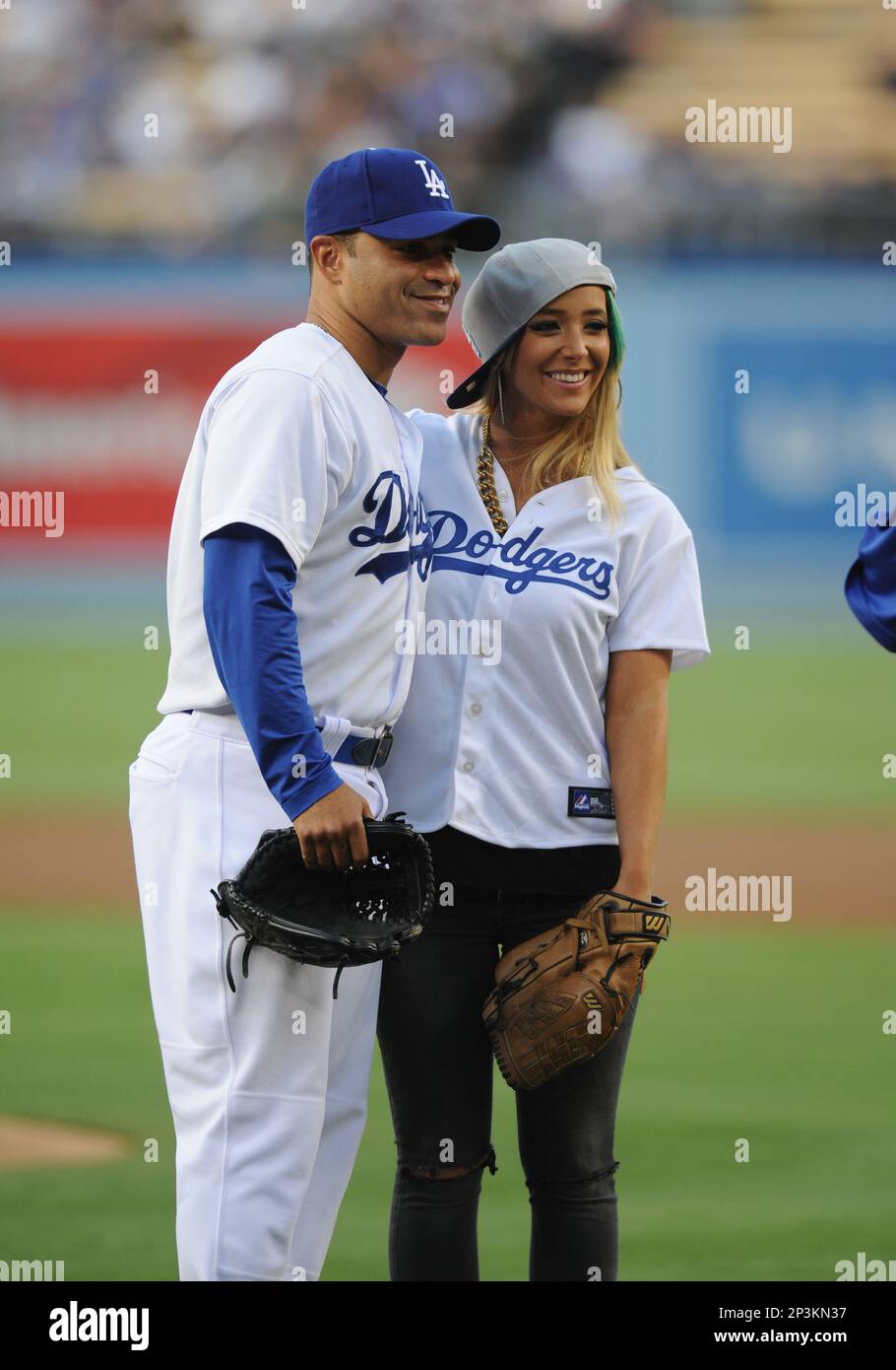 26 July 2013 YouTube sensation Jenna Marbles poses with Los Angeles Dodgers Outfielder Jerry Hairston (6) 2102 after throwing out the first pitch during a Major League Baseball game between the Cincinnati