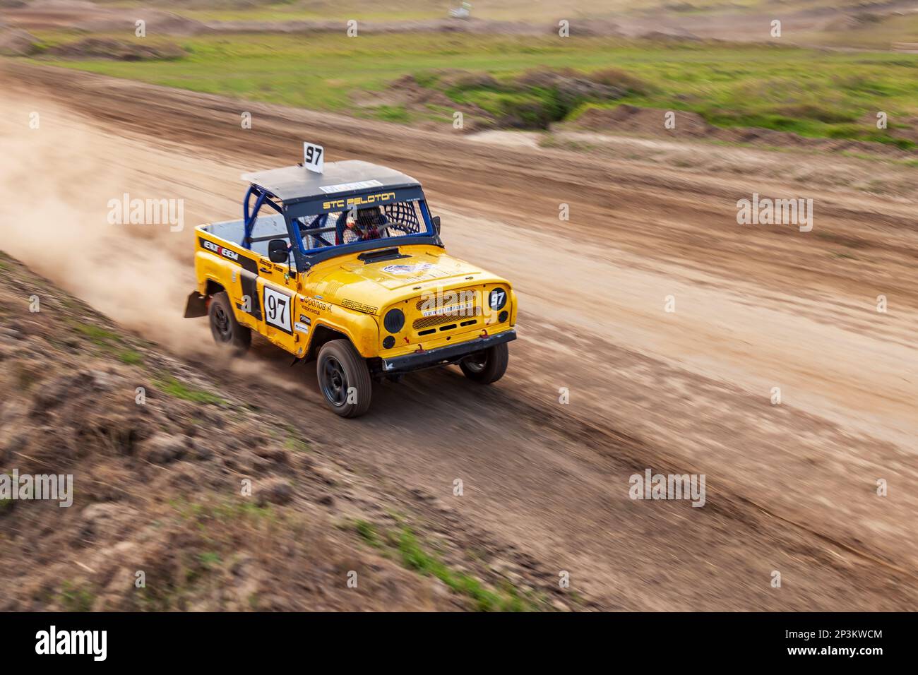 Novosibirsk, Russia - 08.07.2022: Rally off-road car make a turn with ...