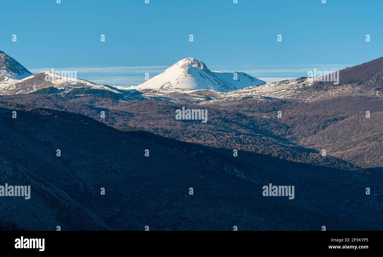 The snowcapped Monte Camicia as seen from Capestrano. Abruzzo, Italy. Stock Photo