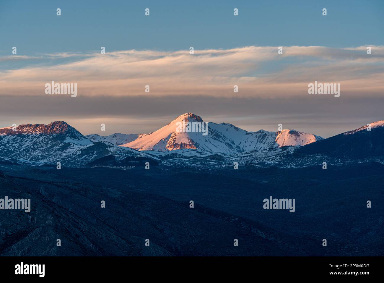 The snowcapped Monte Camicia at sunset as seen from Capestrano. Abruzzo, Italy. Stock Photo