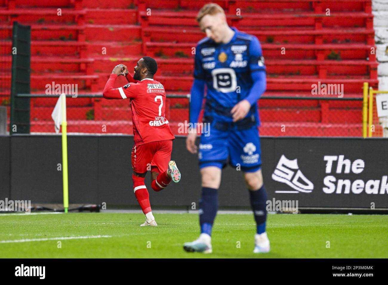 Antwerp's Gyrano Kerk celebrates after scoring during a soccer match
