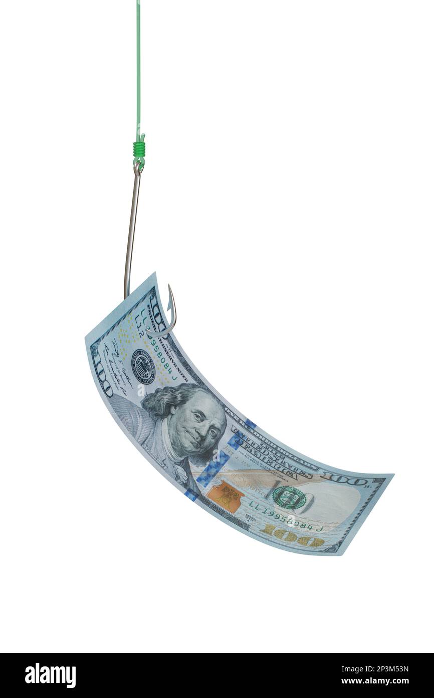 Fishing hook with a dollar bill isolated on white background. 3d