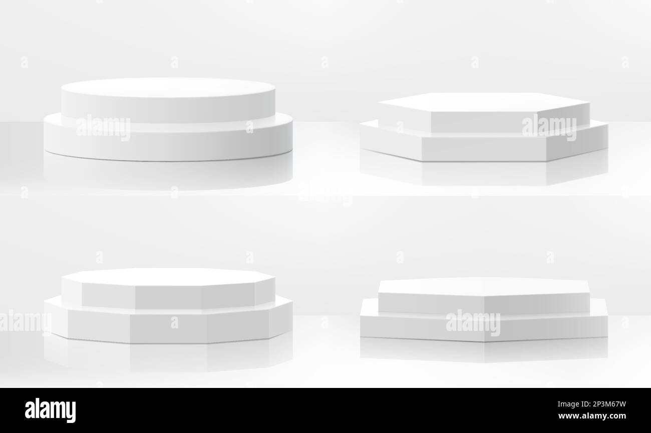 Set of white podiums of different shapes, podiums with steps template