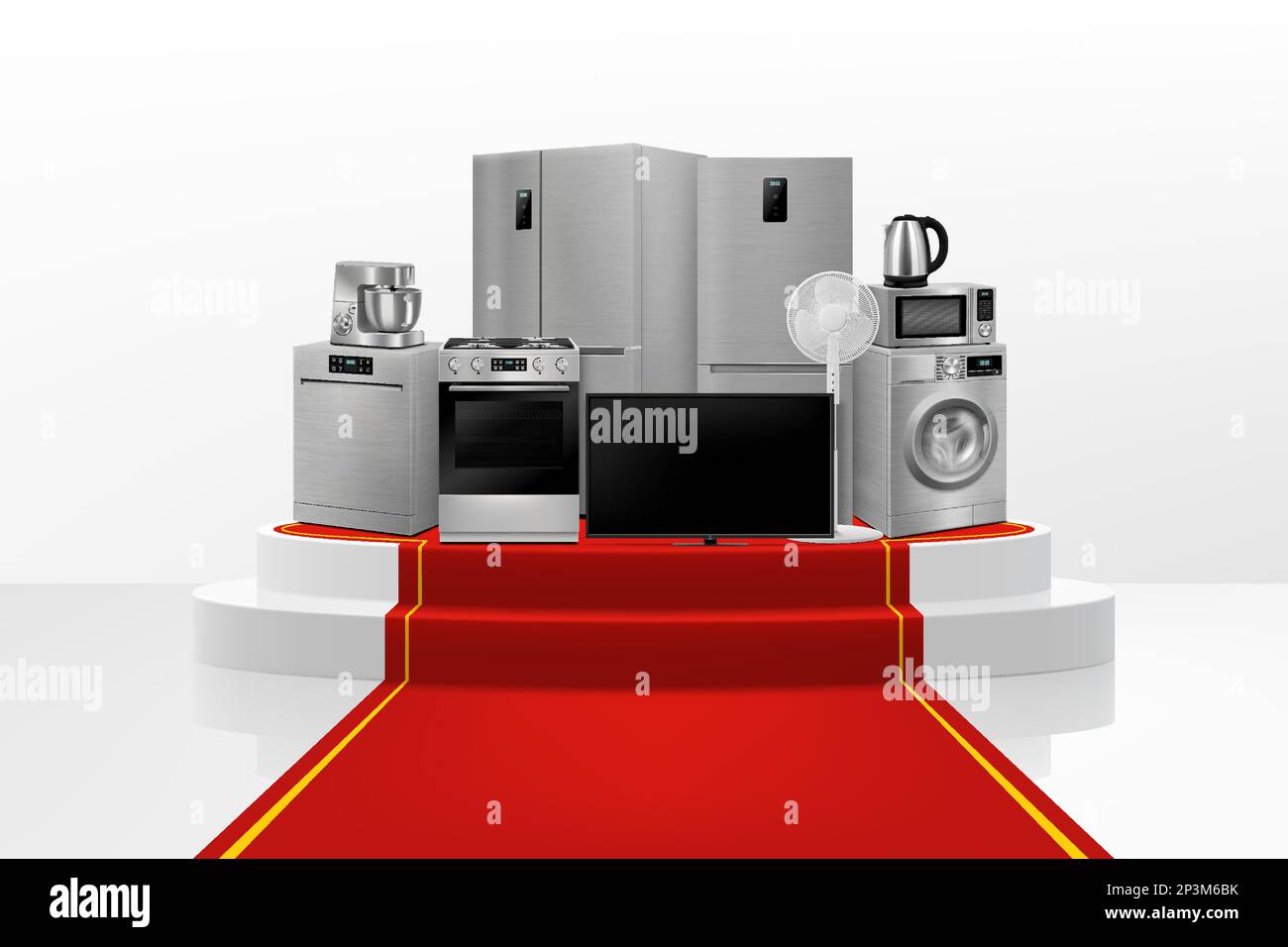 Show Podium or Pedestal with red path and household appliances: microwave oven, washing machine, refrigerator, stove, ,TV, dishwasher, kitchen hood. R Stock Vector