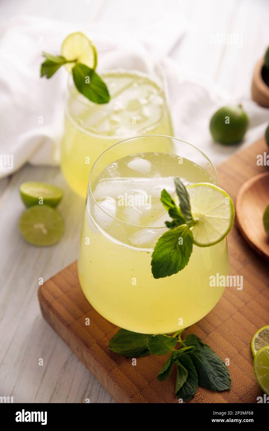 Homemade lemonade with organic lemons and mint, a popular refreshing drink in many countries. in Mexico it is part of their traditional Aguas Frescas, Stock Photo
