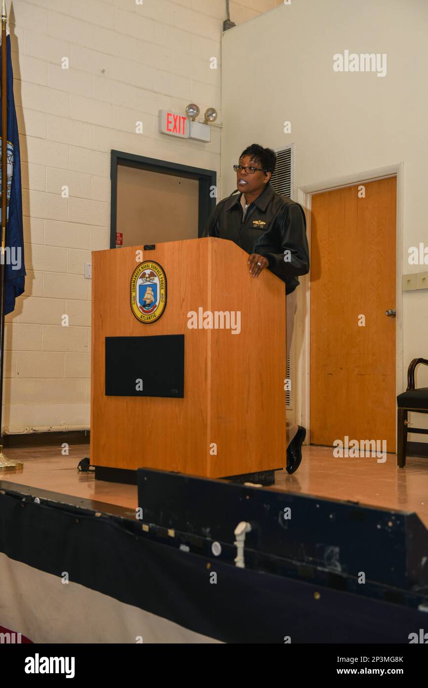 230201-M-MY760-1003 NORFOLK, VA (Feb. 01, 2023) Capt. Janet Days, Executive Officer Naval Station Norfolk, addresses Sailors during a Black History Month ceremony onboard NAVSTA Norfolk Feb. 01, 2023. The ceremony honored individuals and actions that have affected the African American community in a positive manner. Stock Photo
