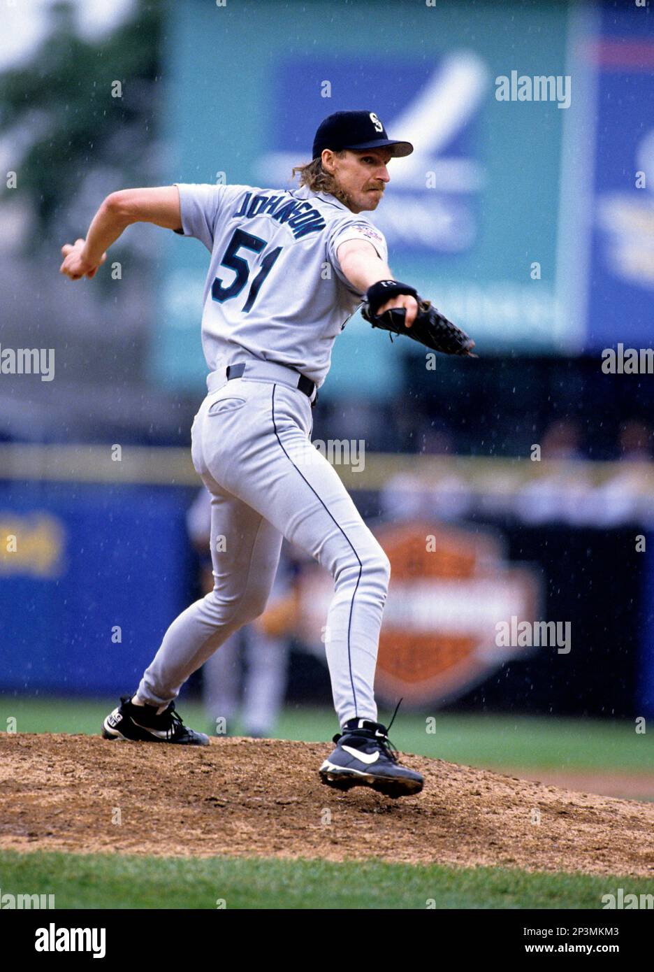 Seattle Mariners pitcher Randy Johnson plays in a game against the