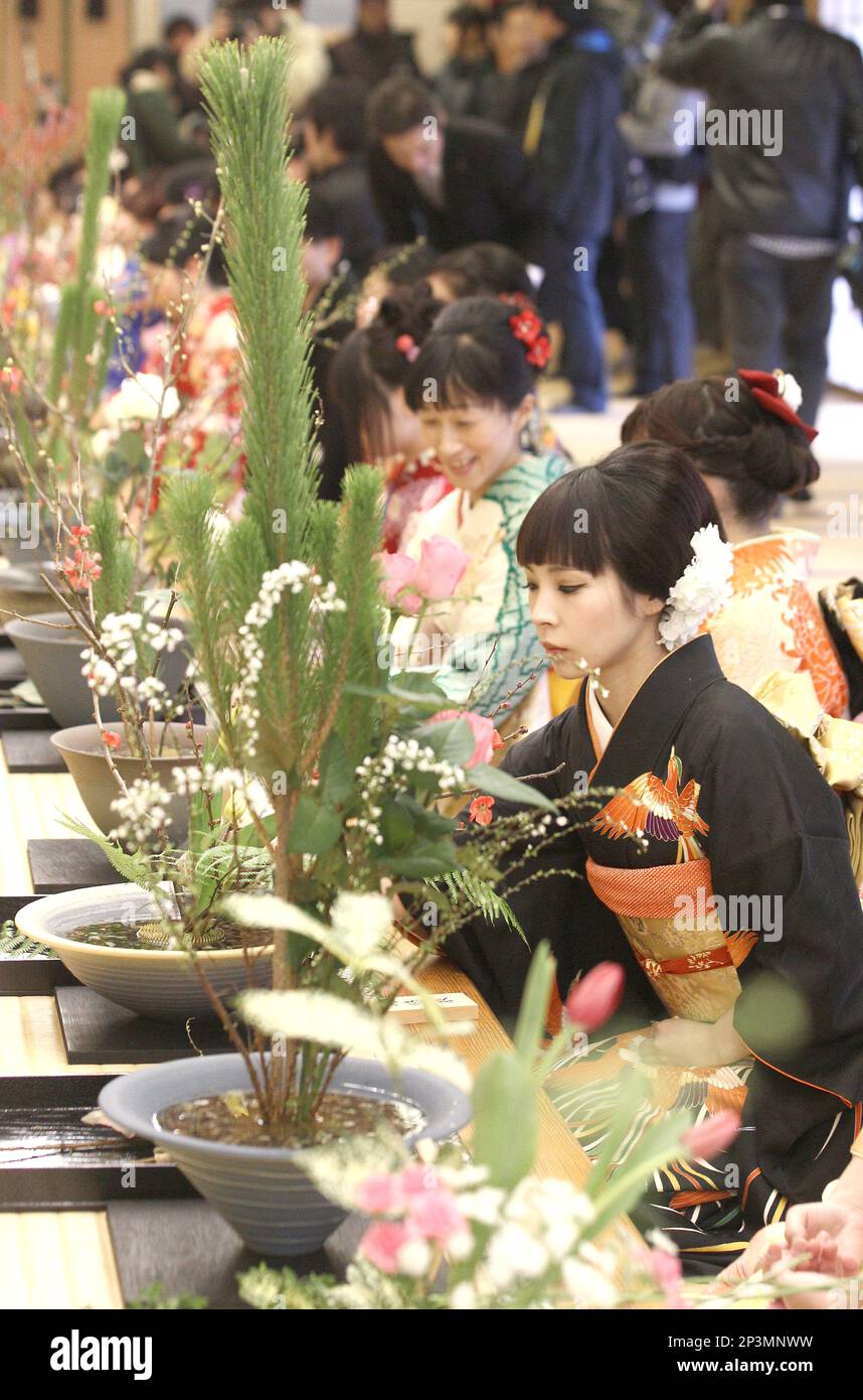 Kimono-clad students of the Ikenobo school of Japanese flower 