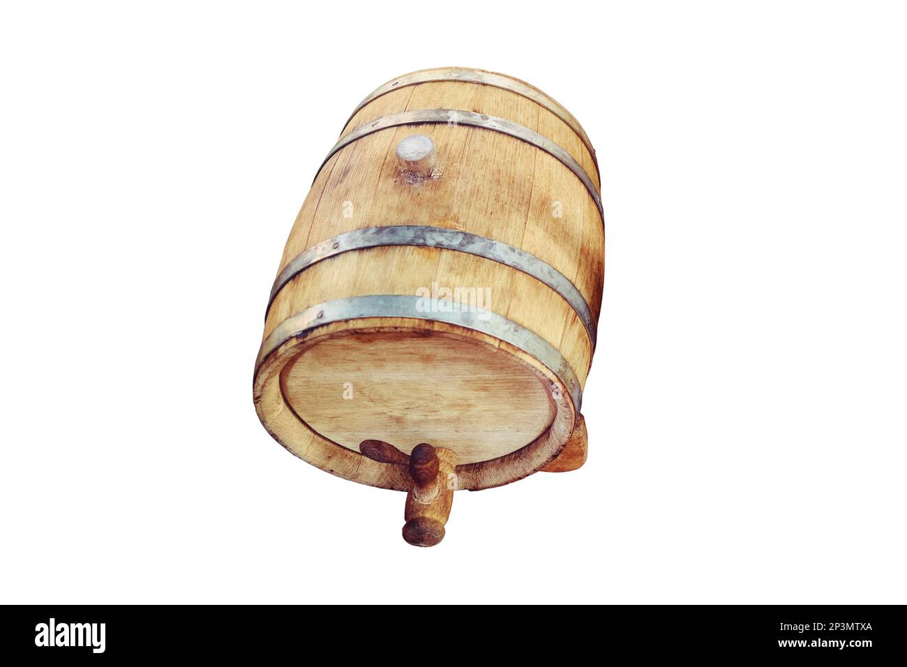 Wooden barrel, flowers and wine bottles with a retro style, isolated on a white background. American wine of the conquest of the wild West Stock Photo
