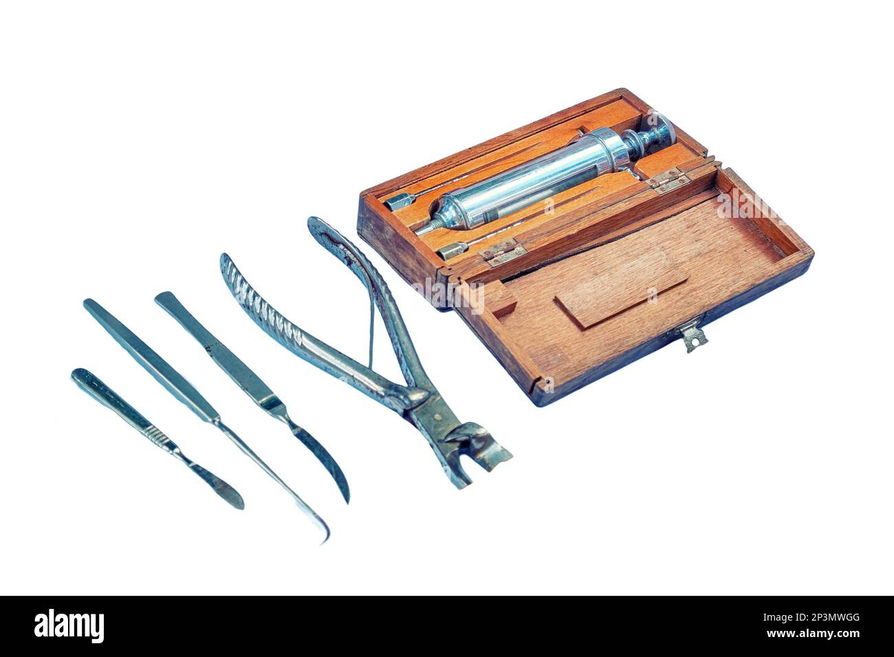Ancient hospital for treatment soldiers on battlefield - 18th or 19th century, isolated on a white background. Forceps, syringe, scissors, scalpel and Stock Photo