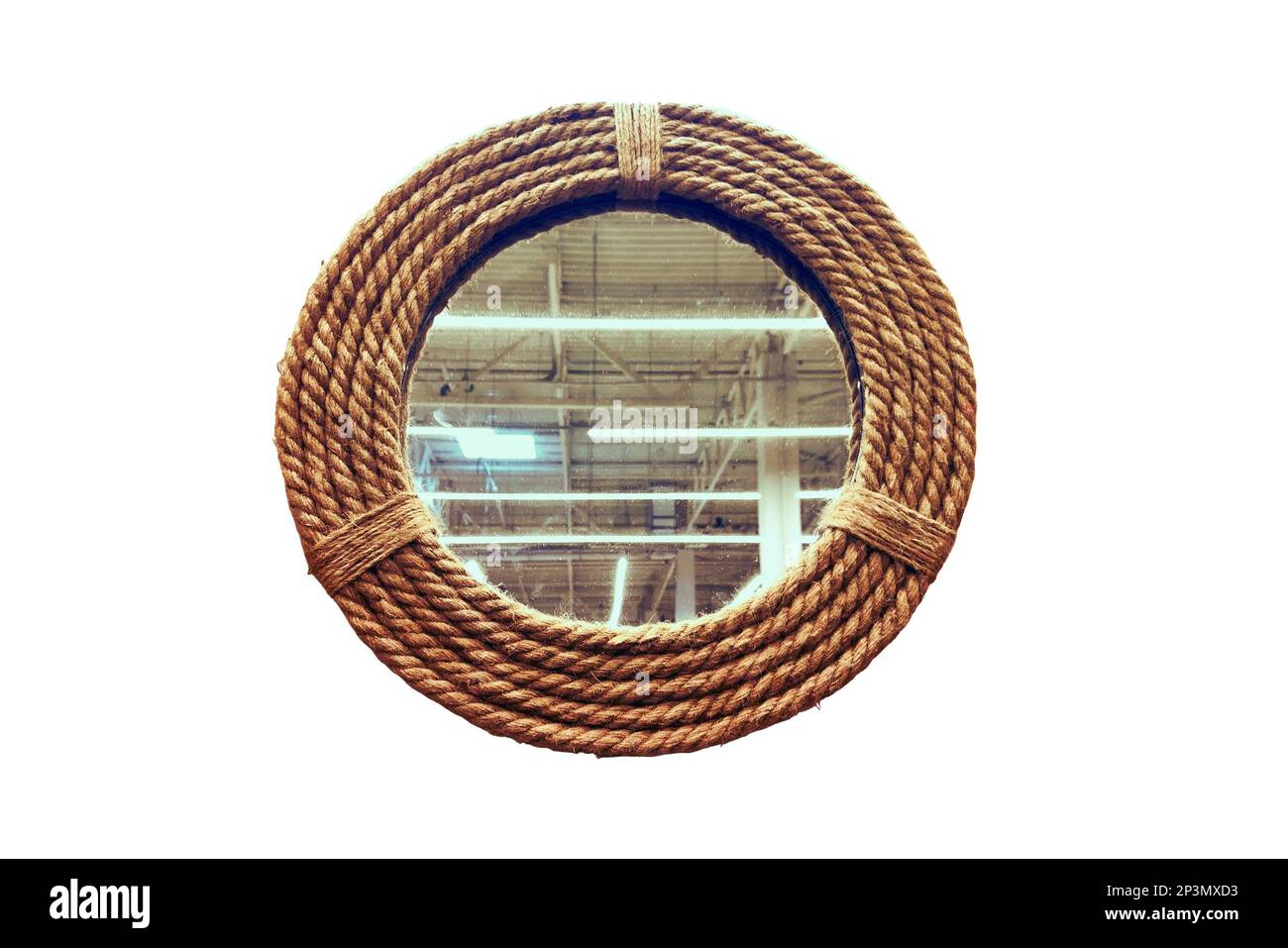 Marine round mirror on the door of the ship's cabin, isolated on a