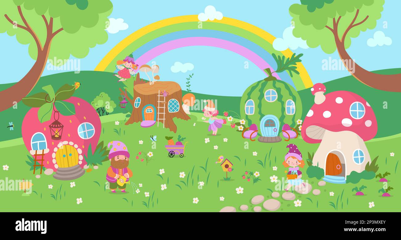 Garden gnome village in forest, woodland fairy lady and dwarf on meadow. Fantasy houses and rainbow, cartoon magic tale nowaday vector scene Stock Vector