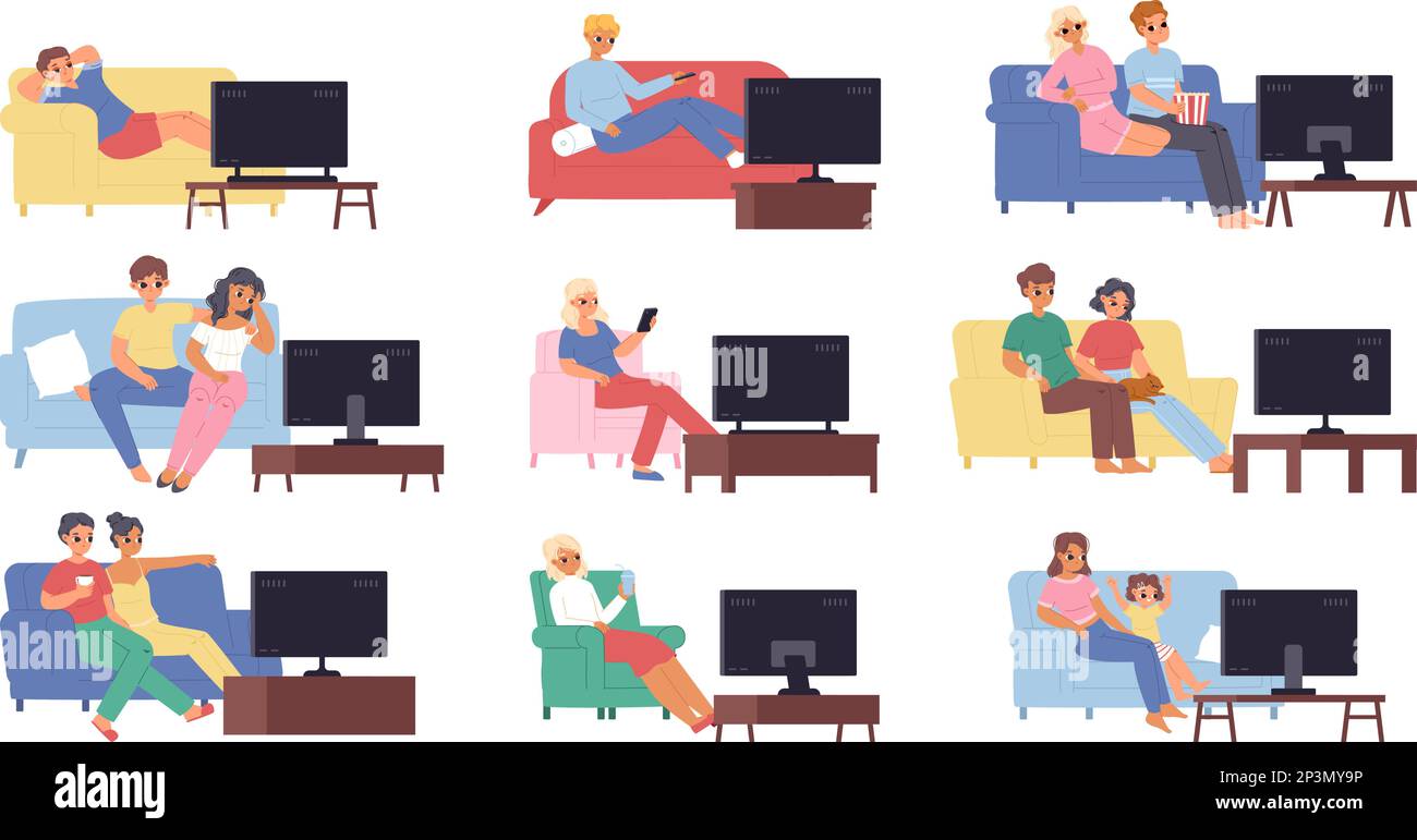People watching tv on comfort sofa and chair. Cozy family evening, single young adults weekend. Show watch, teenagers on couch eat and rest snugly Stock Vector
