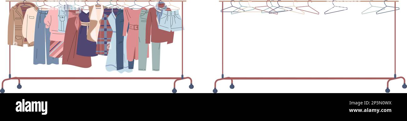 Clothes on racks. Shop cloth hanger empty and with sweater, dress, jeans and jacket. Wardrobe element, female fashion store or shop, kicky vector Stock Vector