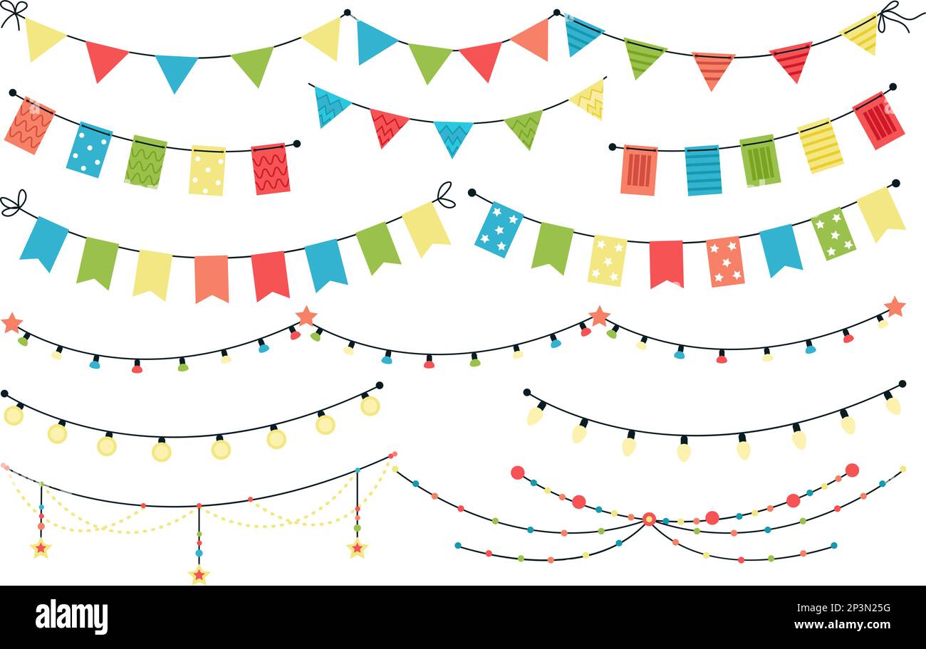 Bunting flags collection, hanging garland graphic, retro flag pennant chain for party, event, festive. Birthday celebration banners decent vector set Stock Vector