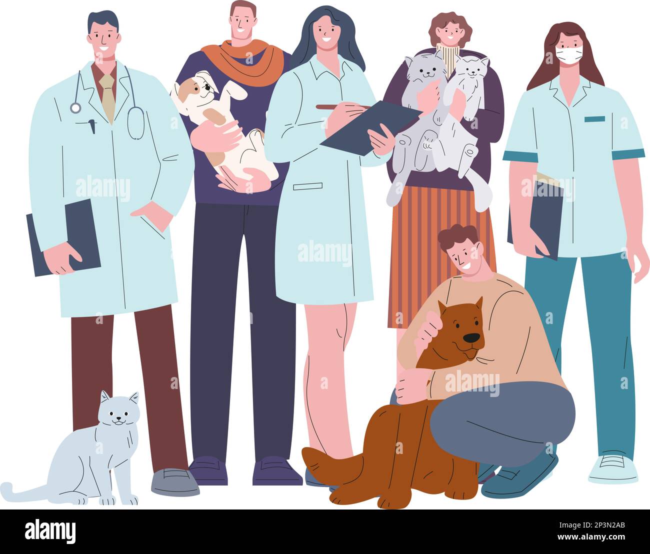 Veterinarian and patients, cats and dogs with owners. Happy people with pets. Medical help for animals, cartoon flat doctors. Vector portrait Stock Vector